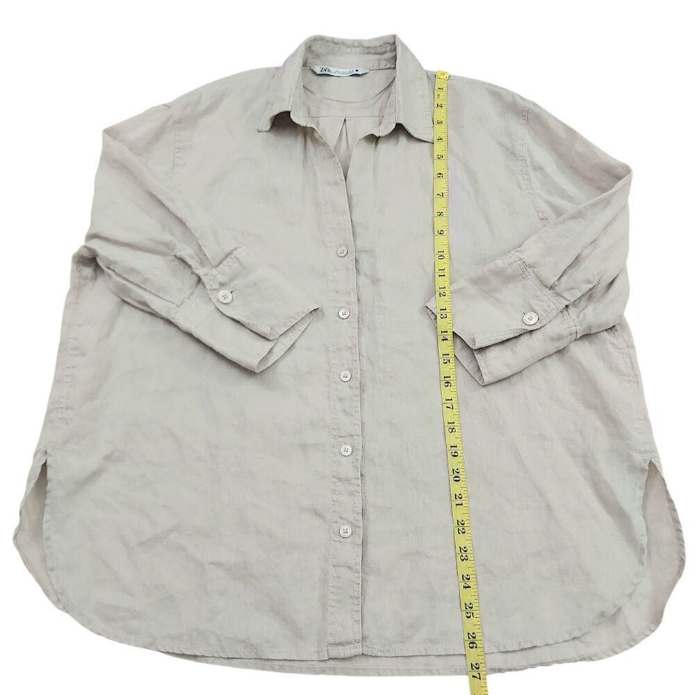 Zara Linen Shirt Womens Medium Beige Long Sleeve Button Up Boxy Coastal Boho - Picture 9 of 11